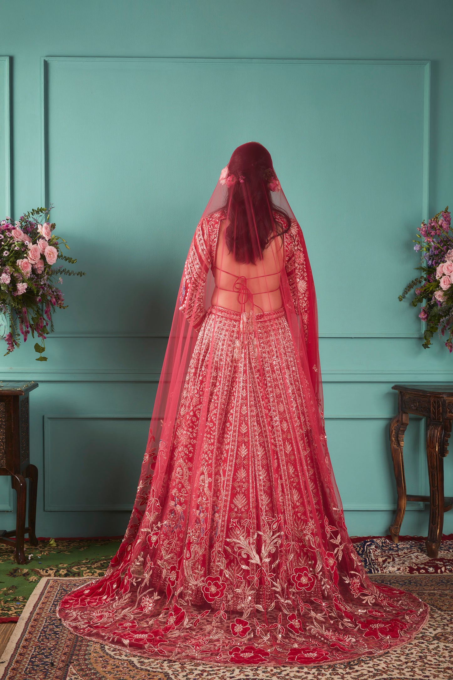 Red Lehenga With Peacock Elements