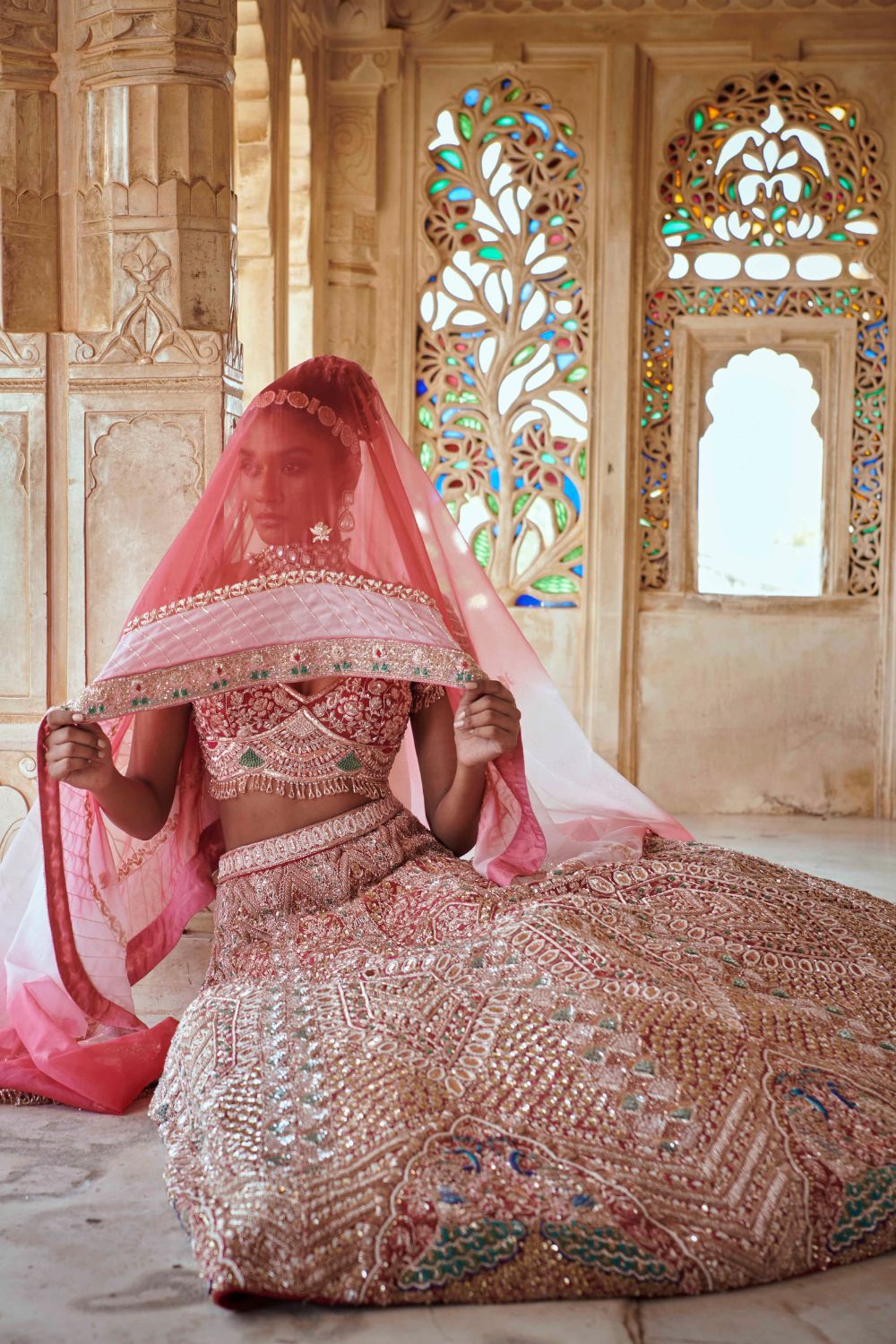 Sensational Pink Colored Bridal wear Embroidered Art Silk Le